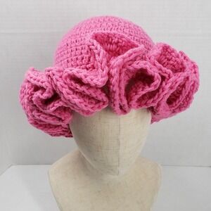 Handmade Crochet Ruffle Hat Pink‎ Statement Bonnet Cozy Winter Unique Artisan
